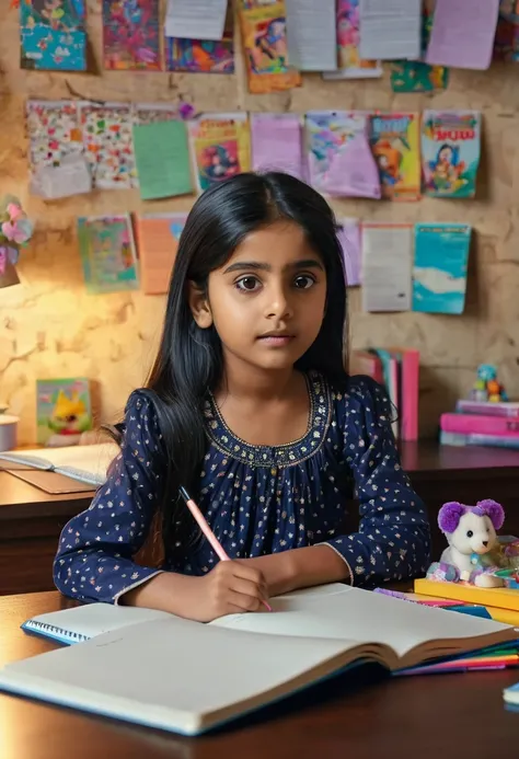 Indian girl 5 year old studying hard for her exam in her table with full of books and wall full of stucky notes and the girl wore a comfortable night dress with open hair in her room. height around 3.5 feet. black hair, 16K, ultra high photorealistic, UHD,...