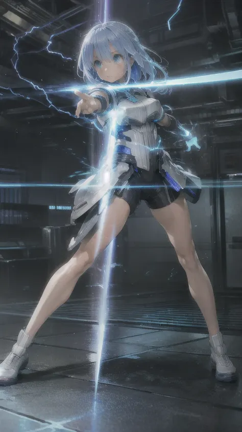 real、lightning aura、lightning energy、fighting pose、blue hair、cyber punk、thunder in the background、whole body