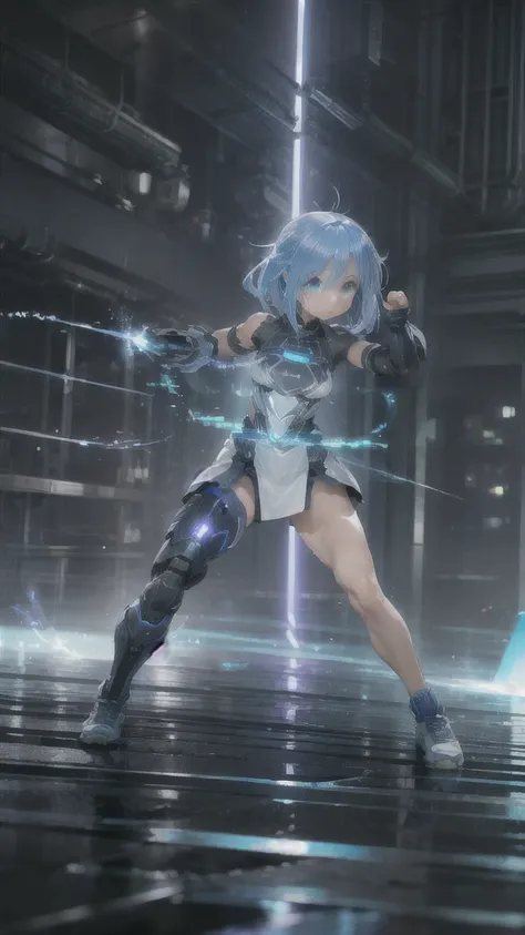 real、lightning aura、lightning energy、fighting pose、blue hair、cyber punk、thunder in the background、whole body