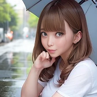 ((heavy rain:1.2))、(Holding a transparent umbrella with both hands)、(A girl crouching on the street)、A puddle spreads at my feet、T-Shirts、mini skirt、Bob Hair、Brown Hair、((Crying face:1.1))、Medium breast、(Beautiful face、Accurate Face、Anatomically correct li...