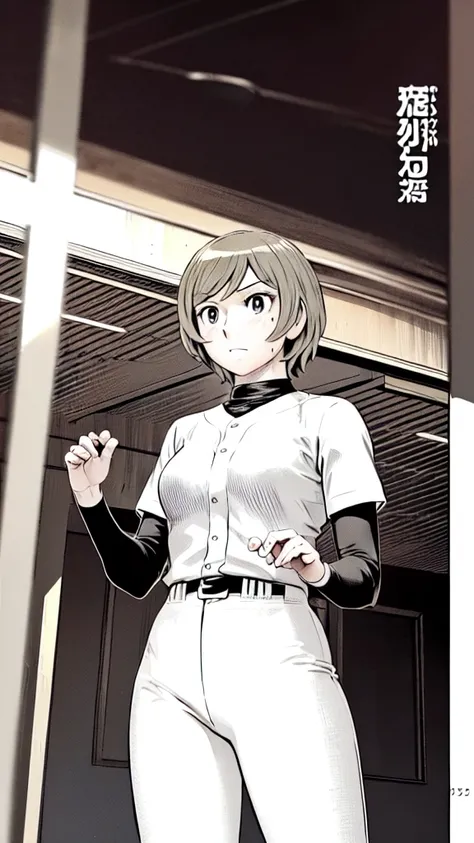 (Baseball uniform:1.2),
Blonde Hair, (short hair:1.2),Long sleeve, Black Shirt, turtleneck,White trousers、uniform、Black belt、((Illustration of people))、Big 、
View Audience,, (Highest quality:1.3),One Girl, White pants、uniform、Outdoor、baseball ground、ground...