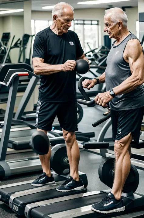 An elderly man and his son train together on machines in a fitness club, 