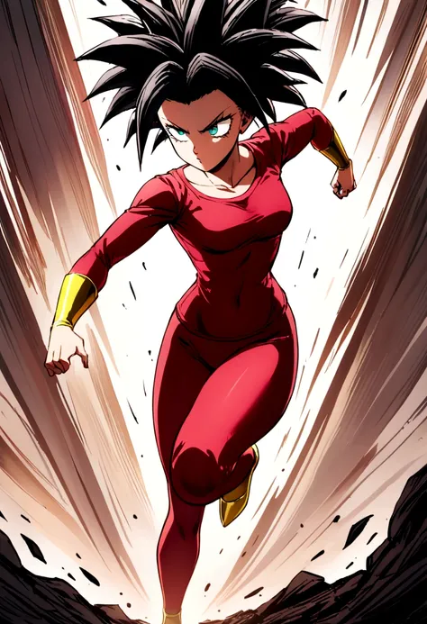 kefla with black hair up, with red top and leggings, one punch man style