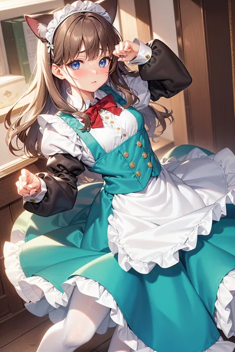 masterpiece, best quality,1girl, solo,whtie hair,medium hair,blue eyes,long sleeves,juliet sleeves,apron,maid,maid headdress,puffy sleeves,green dress,vest,buttons, white thighhighs,standing, looking at viewer, nose blush, (cat ear, claw pose:1.2),