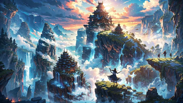 Dancing among the steep rocky mountains(Leviathan:1.1),Vision, Mysterious Clouds, cliff, fog, Temple, wood,dream, Fantasy, monsters, Whales, dragons, monsters, sharp tea, flying, when