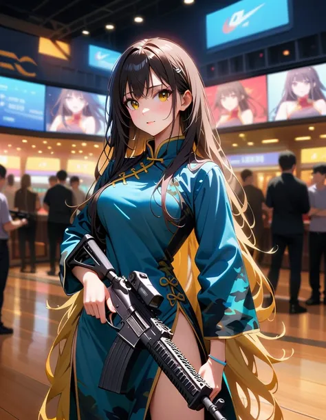 young beautiful woman_focused，robot with long flowing hair(night camouflage_chinese clothing:1.9)，(assault rifle high speed shoo...