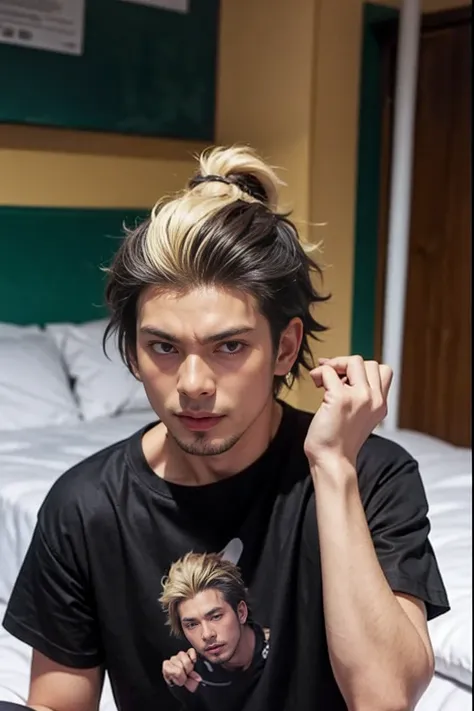 realistic , handsome ryuuji suguro ,black t-shirt ,bun hairstyle