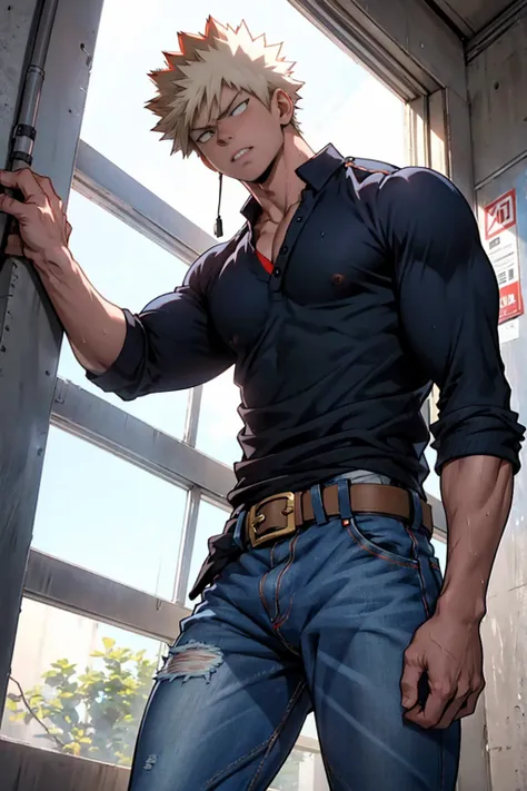 katsuki bakugo from boku no hero academia, wearing broken blue jeans with brown belt, serious, bodybuilder, defined body, shirtl...