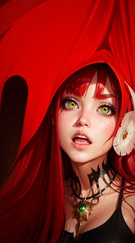 woman, anime girl, vampire, red hair, devil eyes, green hair, gothic art, modern, anime, realism, pop art, art nouveau, masterpi...