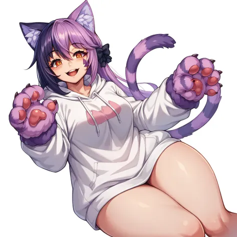 score_9, score_8_up, source_anime, cheshiremge, two-tone hair, long hair, hair bow, cat paws, facial mark, striped tail, smile, ...