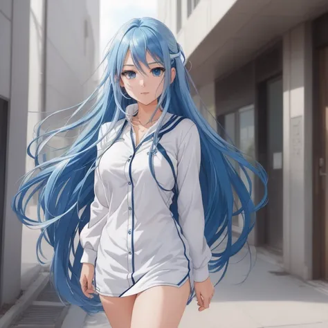 adult anime girl with detailed blue and silver hair, walking in a white shirt athletic body, anime girl with long hair, attractive, seductive, soft anime cg art, moe anime art style, 4k anime style, beautiful blue hair girl, anime girl young realistic, ani...