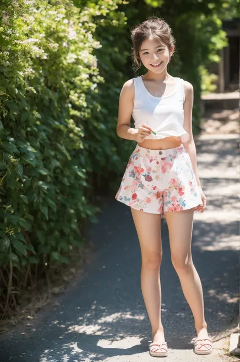 (Full body),(Light blue sleeveless cardigan:0.0),(white tank tops), croptop,  Lens 135mm f1.8, (Best Quality),(Raw photo), (masutepiece:1.1), (Beautiful 16 year old Japan one girl), cute face,Dappled sunlight, Dramatic Lighting、(Pink floral shorts),(beauti...