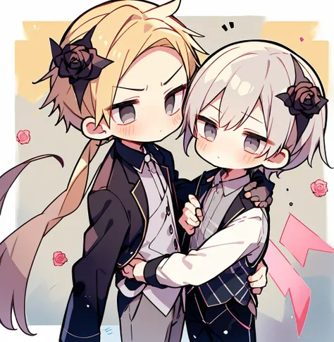 chibi 2boys pastel colors gradient flat chest hug yaoi gay boys love gothic rose blonde silver hair gray eyes black eyes aesthet...