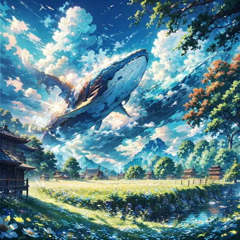 leviathan flying in the blue sky,imagine,peaceful day, detailed clouds, site, grazing cattle, flower, distant houses, fence, woo...