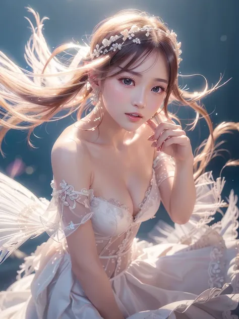 White Background、Professional Lighting、(((Professional Lighting 1.5)))、Translucent skin texture、Beautiful Skin、Beautiful Skin、、Off the shoulder、White Dress、See-through、fluttering feathers、Ecstasy of Musical Notes、(())、Face close-up