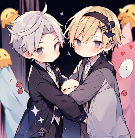 chibi 2boys pastel colors gradient flat chest hug yaoi gay boys love gothic rose blonde silver hair gray eyes black eyes aesthet...