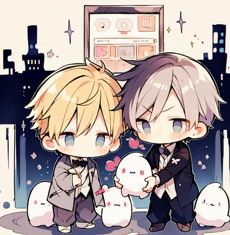 chibi 2boys pastel colors gradient flat chest hug yaoi gay boys love gothic rose blonde silver hair gray eyes black eyes aesthetic angry