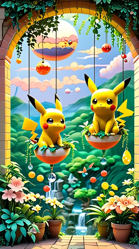 cozy scene featuring hanging planters with adorable pokémon, adding elements of pikachu. the planters should be filled with lush...