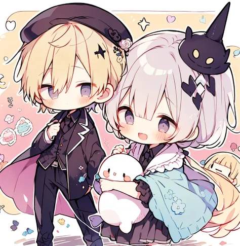 chibi 2boys pastel colors gradient flat chest hug yaoi gay boys love gothic rose blonde silver hair gray eyes black eyes smile o...