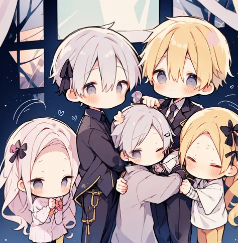 chibi 2boys pastel colors gradient flat chest hug yaoi gay boys love gothic rose blonde silver hair gray eyes black eyes smile o...