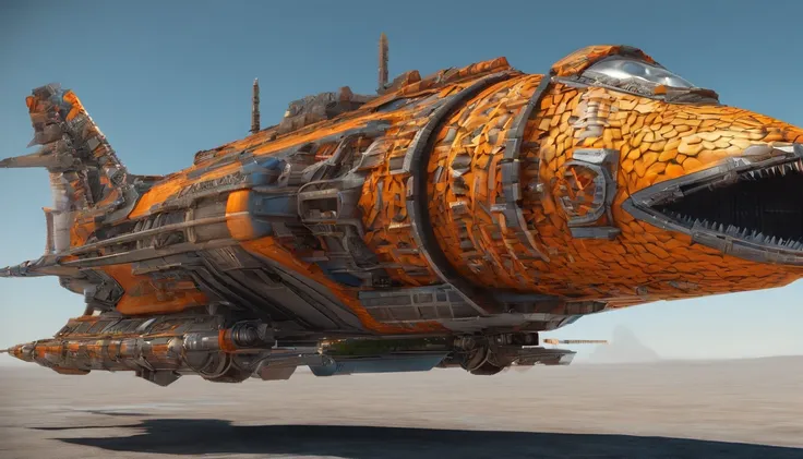 A unique metallic color of a bengal tiger starship in Gothic style, & the shape of a bengal tiger, Tim Burton & Mary Shelleys vision, flying by Saturn, cool 750k UHD unveiling every minute feature, from heavy artillery, intricately woven into the ships bac...