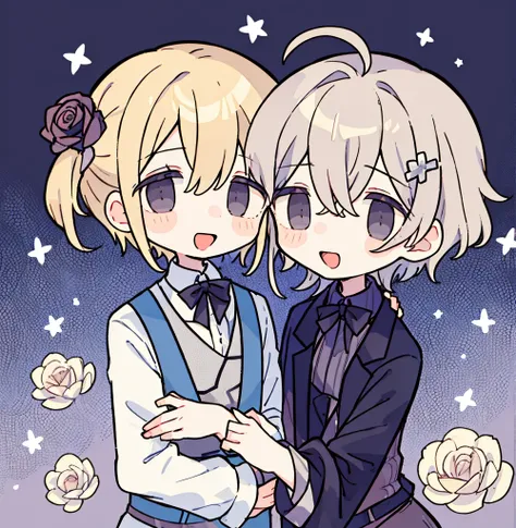 2boys pastel colors gradient flat chest hug yaoi gay boys love gothic rose blonde silver hair gray eyes black eyes smile open mo...