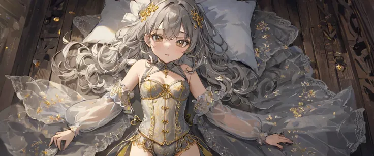 １people、8 year old medieval girl, In underwear、Gold and silver thread embroidery、Knee-length semi-transparent bloomers（Drawers）Wearing、Wearing a semi-transparent corset、Translucent slip, Grey translucent tights、sleep