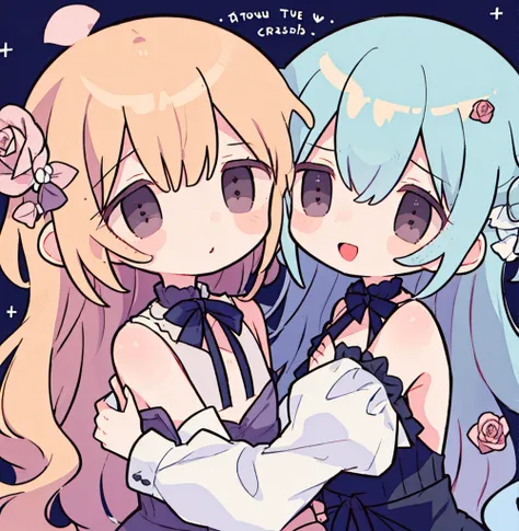 2girls pastel colors gradient flat chest hug kiss yuri lesbian gothic rose blonde silver hair gray eyes black eyes smile open mo...