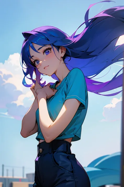 8K High Resolution、beautiful girl、Purple color、Long Hair、Blue Hair、Blue Hair、Sky blue hair、T-Shirts、Shorts、Blue sky、summer、bright