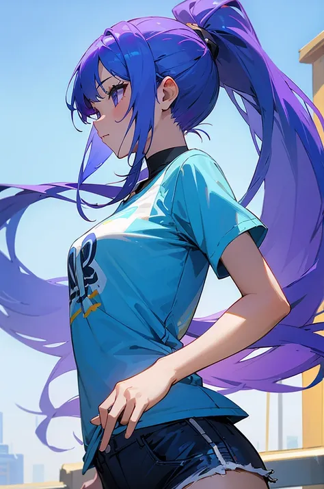 8K High Resolution、beautiful girl、Purple color、Long Hair、Blue Hair、Blue Hair、Sky blue hair、ponytail、T-Shirts、Shorts、Blue sky、summer、bright