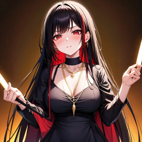 anime panel,upper body, 1girl,solo Korean, long black curly hair with red highlights, red slanted eyes, casual clothes, ear piercing, necklace, hair illuminated by party lights, party background, long chic dress,very angry expression,closed eyes,blushing