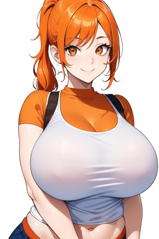 1 girl, Alone, Upper part of the body,
Orange hair, wide,
orange eyes, long eyelashes, thick eyelashes, looking at the viewer,
SMILE,
White shirt with light blue yallas,
White background, simple background, ((busty1.87,)) (giant breasts:1.2), t-shirt cloth...