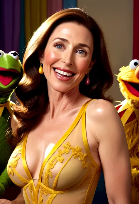 a woman Mimi Rogers (30yo) in a sexy sheer yellow bodysuit, tape over nipples, laughing and playing with muppets on sesame street, ultra detailed, 8k, photorealistic, beautiful detailed eyes, beautiful detailed lips, extremely detailed face, long eyelashes...