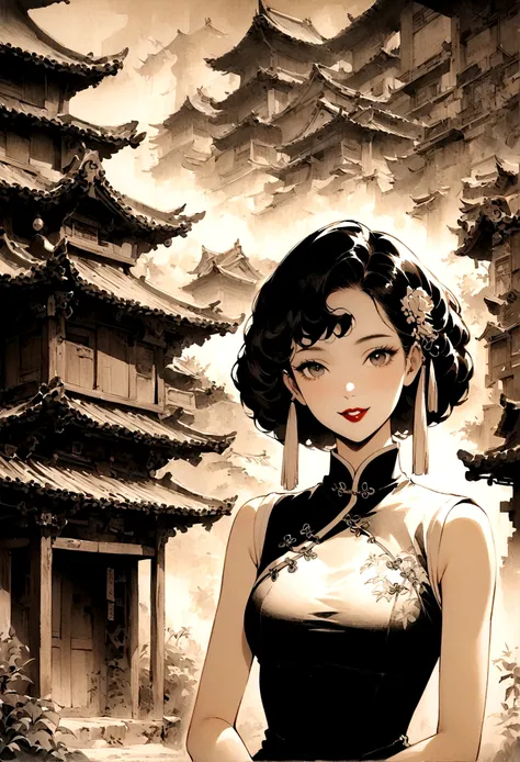 vintage风格, 1940s, 1 girl, Solitary, monochrome, Hair accessories, Cheongsam, a traditional Chinese costume, curls, traditional media, Bangs, cosmetic, Black Hair, Lipstick, Lace gloves, sleeveless, Ancient buildings, Wooden construction, vintage, Nostalgia...