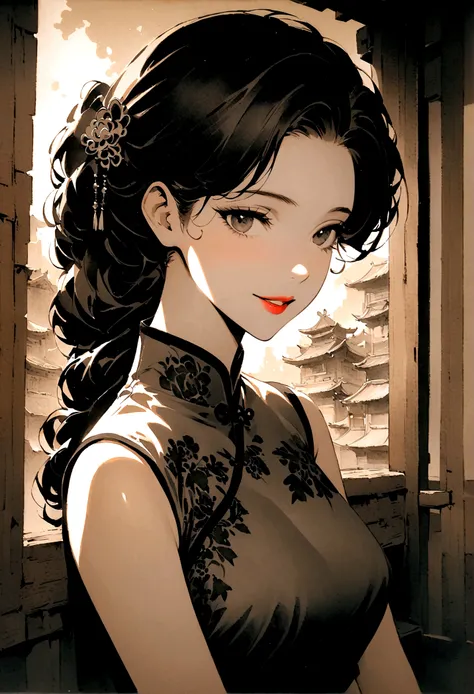 vintage风格, 1940s, 1 girl, Solitary, monochrome, Hair accessories, Cheongsam, a traditional Chinese costume, curls, traditional media, Bangs, cosmetic, Black Hair, Lipstick, Lace gloves, sleeveless, Ancient buildings, Wooden construction, vintage, Nostalgia...