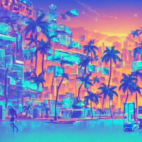 (best qualityer, high resolution, super verbose, real:1.37), FRY BEAT Tropical love advertisement with Vaporwave aesthetic style, 1 girl, 80s nostalgia, neon lights, retro colour, Retro CRT effect, glitch art, dreamy atmosphere, palm tree, SUNSET, Summer v...