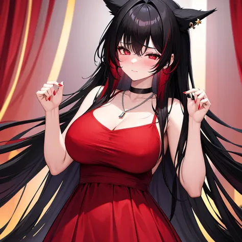 anime panel,upper body, 1girl,solo Korean, long black curly hair with red highlights, red slanted eyes, casual clothes, ear piercing, necklace, hair illuminated by party lights, party background, long chic dress,very surprise expression,closed eyes,blushin...