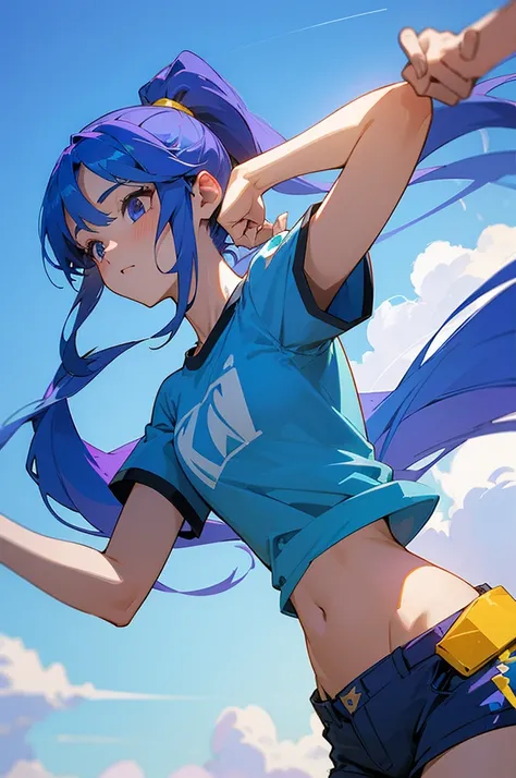 8K High Resolution、beautiful girl、Purple color、Long Hair、Blue Hair、Blue Hair、Sky blue hair、ponytail、T-Shirts、Shorts、Blue sky、summer、bright、cumulonimbus