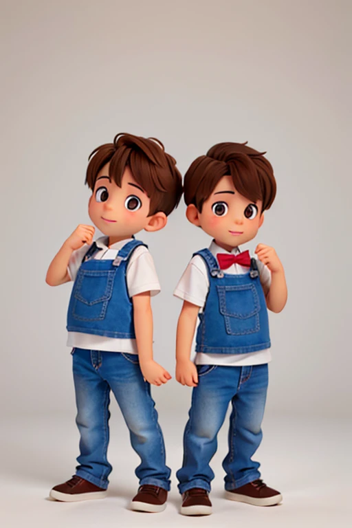 two twin boys with brown hair and brown eyes on a white background