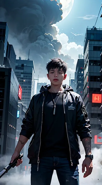 One boy,(13-year-old boy:1.5)、Anime-style protagonist、Cyberpunk Boy、Black clothing、Silver Hair、machine gun、chain、The whole body is covered in blood、The adventure begins、Cloudy,Thick Fog、lightning、moon,It was chaotic. city of the future、Dystopia、Dim lightin...