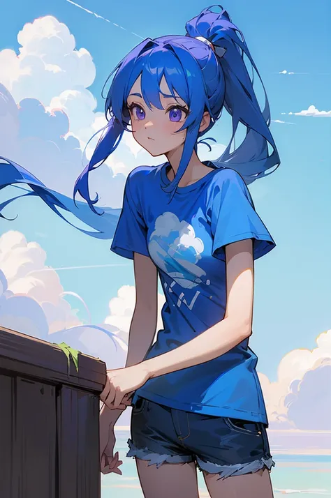 8K High Resolution、beautiful girl、Purple color、Long Hair、Blue Hair、Blue Hair、Sky blue hair、ponytail、T-Shirts、Shorts、Blue sky、summer、bright、cumulonimbus