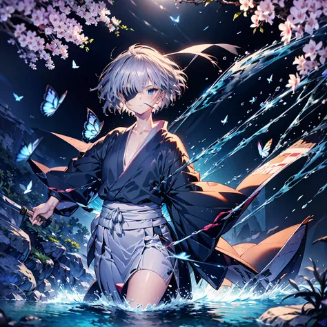 (((1 person　Gray Hair)))　((((Eye patch))))　(((short hair　Black kimono)))　((Shoulder　Rin々Funny face　Hold the sword))　((Black Band　Samurai　Lonely　despair　blue eyes　Pull camera))　((Blue Butterfly　night　Japanese style　old　Cherry Blossom Garden　water surface　Ca...