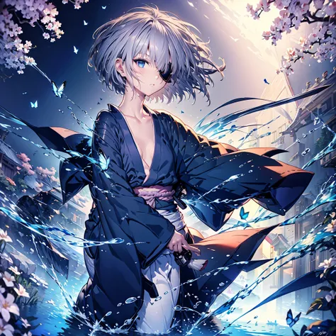 (((1 person　Gray Hair)))　((((Eye patch))))　(((short hair　Black kimono)))　((Shoulder　Rin々Funny face　Hold the sword))　((Black Band　Samurai　Lonely　despair　blue eyes　Pull camera))　((Blue Butterfly　night　Japanese style　old　Cherry Blossom Garden　water surface　Ca...