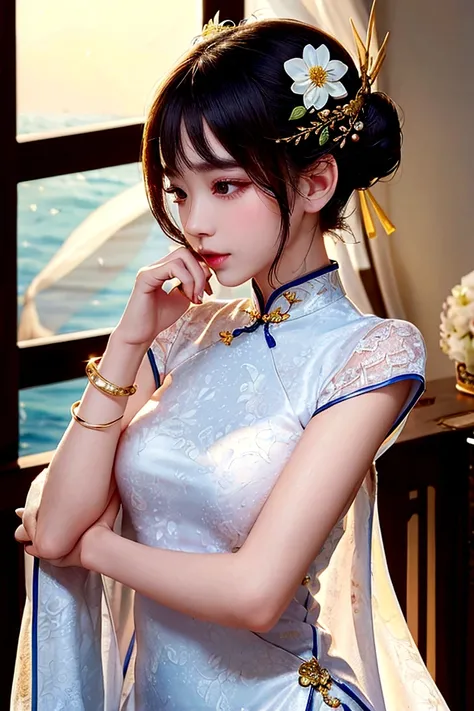 best quality, ultra-detailed, extremely delicate and beautiful, 1woman, cheongsam, single hair bun, hand on own head, bracelet, jewelry, scattered petals, reflective sea surface, 