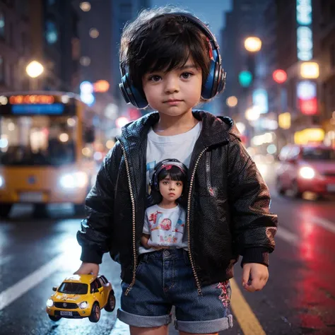 realistic little boy realistic skin black hair wearing thick jacket, t-shirt with beautiful girl motif, red shoes with a little white, blue shorts, standing on a city street at night. The  must wear headphones, holding the sn car toy car under one hand. Th...