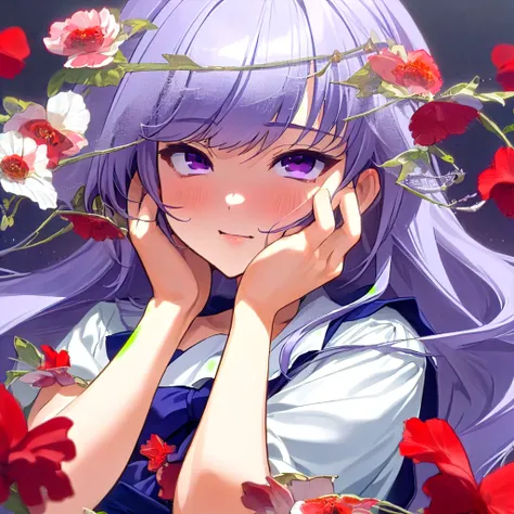 best quality, masterpiece, ultra-detailed, kazami kazuki, silver hair, 1 girl, solo,  long hair, purple eyes, , yandere trance, ...