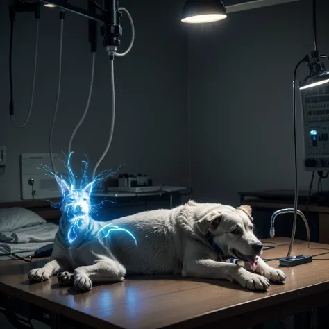 A realistic scene of a dog lying lifeless on an operating table in a hospital surgery room. Doctors and nurses in surgical attire are working around the table. The dogs spirit, depicted as a glowing blue, ethereal form, is rising from its body and flying a...