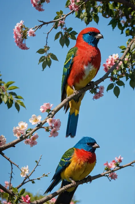 colorful bird perched on a branch of a tree with blue and red flowers , beautiful and , birds beautiful color, bird with a long, colorful hd photo, Very colorful