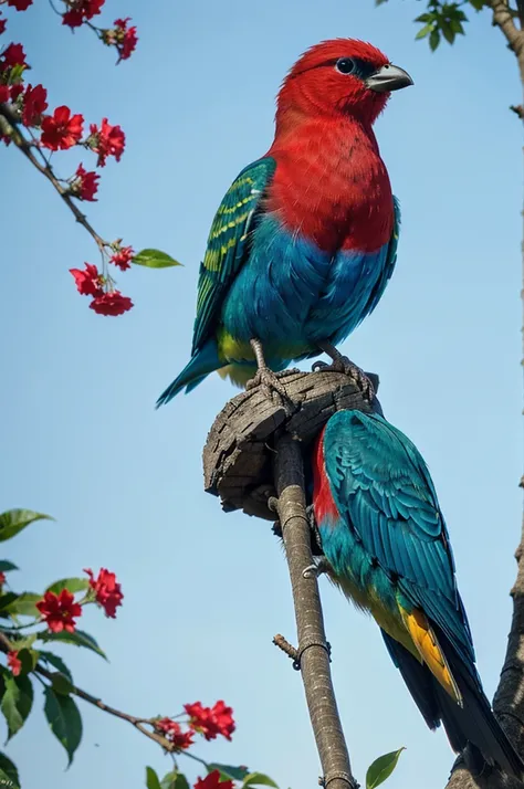 colorful bird perched on a branch of a tree with blue and red flowers , beautiful and , birds beautiful color, bird with a long, colorful hd photo, Very colorful