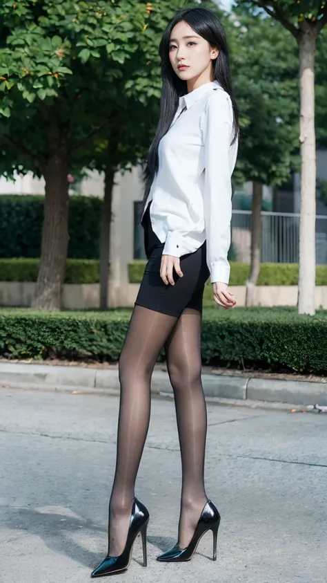 (hasselblad:1.2),1girl,solo,black eyes,black hair,long hair,white shirt,outdoors,full body,black pantyhose,black heels,park,